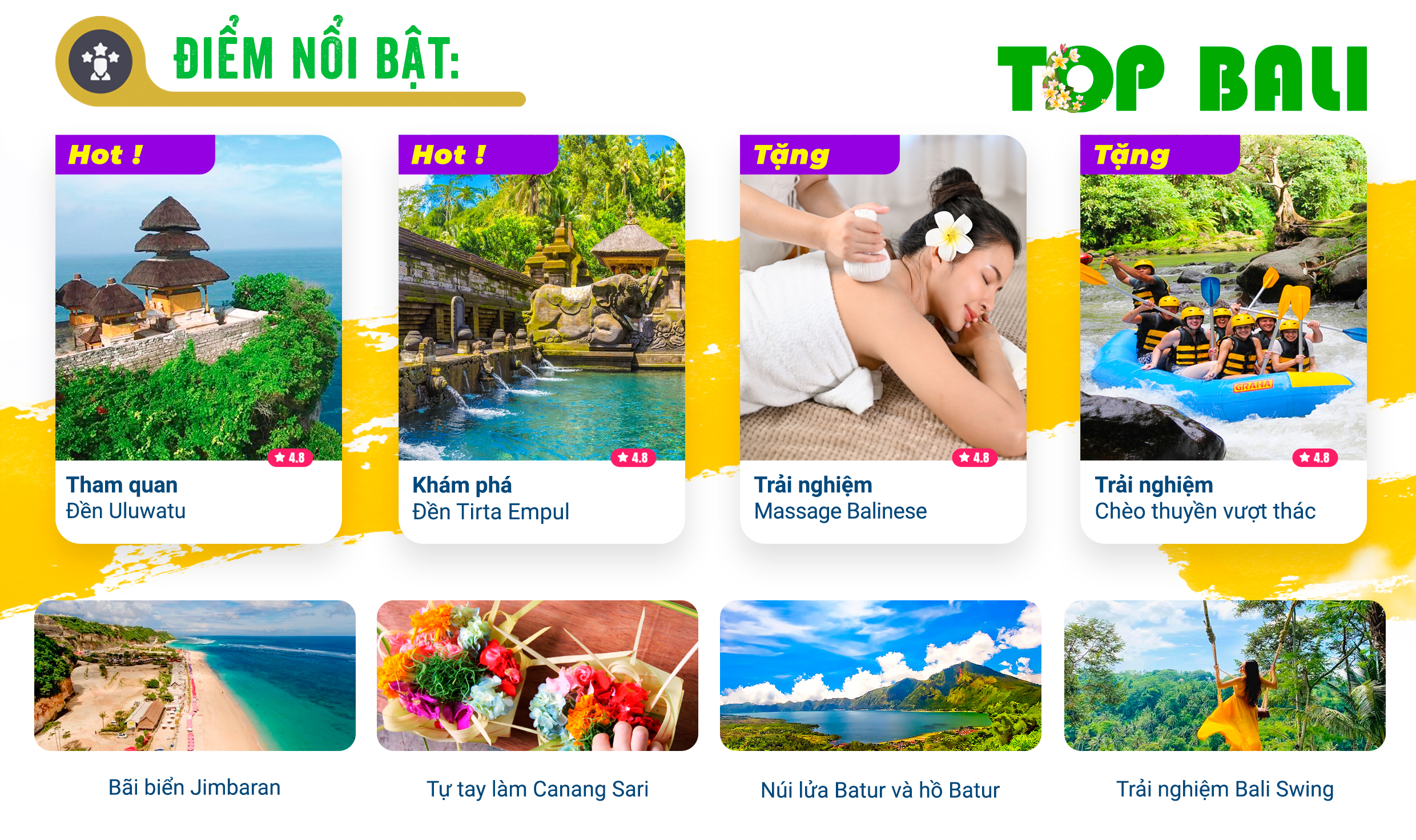 Tour Bali 4 ngày 3 đêm chính là lựa chọn hoàn hảo cho mùa du lịch này! Với hành trình đậm chất thiên nhiên, văn hóa và trải nghiệm độc đáo, tour đưa bạn đến với những điểm đến biểu tượng như Đền Uluwatu, Bãi biển Jimbaran, Thác Ayung, Kintamani, Đền suối thiêng Tirta Empul, cùng Bali Swing, Massage Balinese, và trải nghiệm chèo thuyền vượt thác.